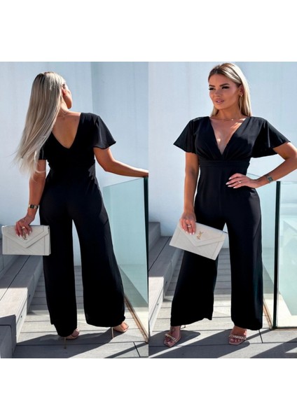 Kadın Kısa Kollu Kruvaze Yaka Irt Dekolteli Pegasus Kumaş Tulum