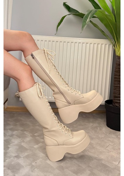 Kadın Bellina Bej Cilt Bağcık Detaylı Fermuarlı 9 cm Topuklu Platfomlu Çizme fırsatları