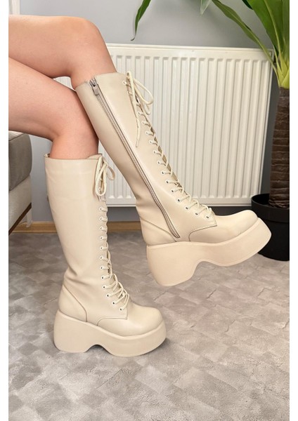 Kadın Bellina Bej Cilt Bağcık Detaylı Fermuarlı 9 cm Topuklu Platfomlu Çizme indirimleri