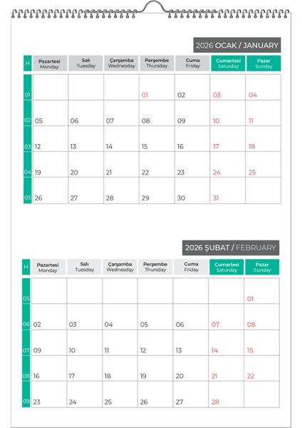 2026 Duvar Planlama TAKVİMİ-33X48 Cm-6 Sayfa