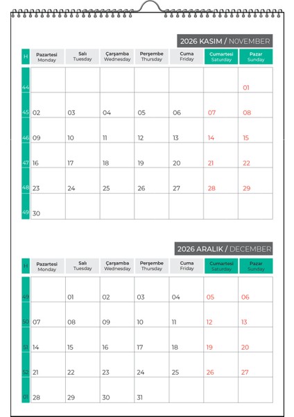2026 Duvar Planlama TAKVİMİ-33X48 Cm-6 Sayfa