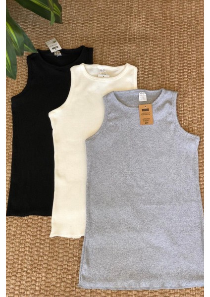 Mırach 3'lü Paket Kalın Askılı Fitilli Basic Atlet - Siyah, Beyaz ve Gri
