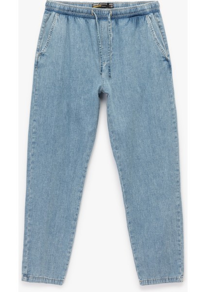 Pamuklu Cep Detaylı Beli Bağcıklı Bol Kalıp Jean Pantolon