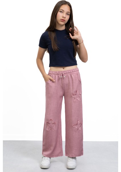 Pembe Yıldız Nakışlı Geniş Paça Rahat Kumaş Kız Çocuk Pantolon 21148