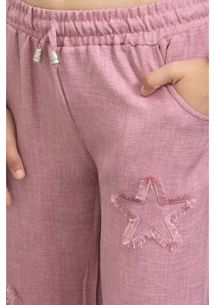 Pembe Yıldız Nakışlı Geniş Paça Rahat Kumaş Kız Çocuk Pantolon 21148 fiyatları