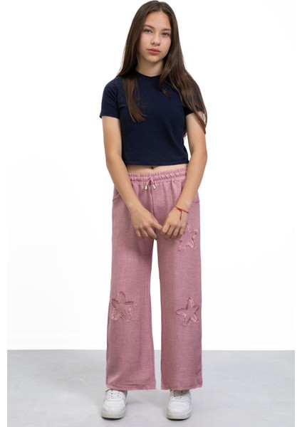 Pembe Yıldız Nakışlı Geniş Paça Rahat Kumaş Kız Çocuk Pantolon 21148 modelleri