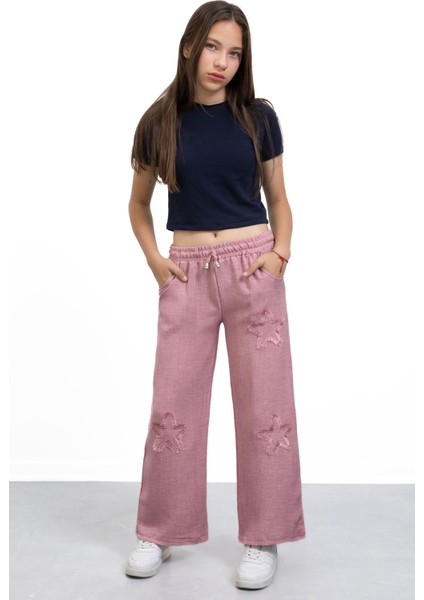 Pembe Yıldız Nakışlı Geniş Paça Rahat Kumaş Kız Çocuk Pantolon 21148 fırsatları