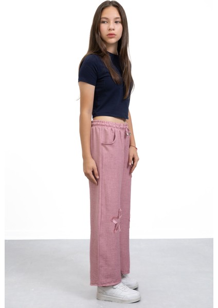 Pembe Yıldız Nakışlı Geniş Paça Rahat Kumaş Kız Çocuk Pantolon 21148 indirimleri