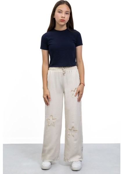 Krem Yıldız Nakışlı Geniş Paça Rahat Kumaş Kız Çocuk Pantolon 21147