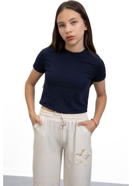 Krem Yıldız Nakışlı Geniş Paça Rahat Kumaş Kız Çocuk Pantolon 21147 fiyatları