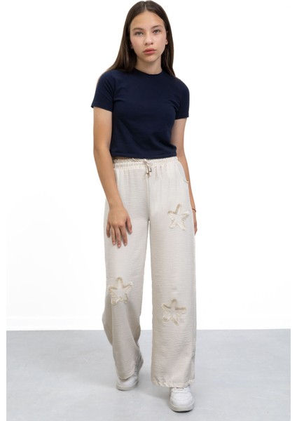 Krem Yıldız Nakışlı Geniş Paça Rahat Kumaş Kız Çocuk Pantolon 21147 modelleri