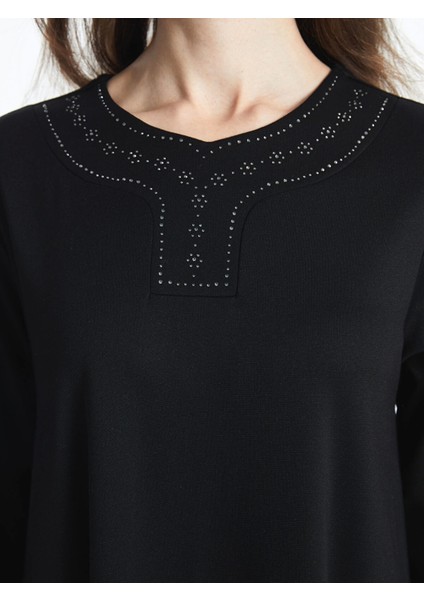 Lcw Grace Siyah Bisiklet Yaka Parlak Taşlı Kadın Elbise modelleri