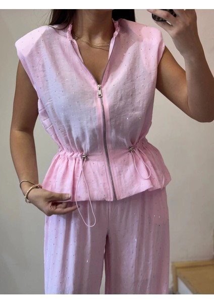 Tensel Kumaş Taşlı Yelek Pantolon Takım modelleri
