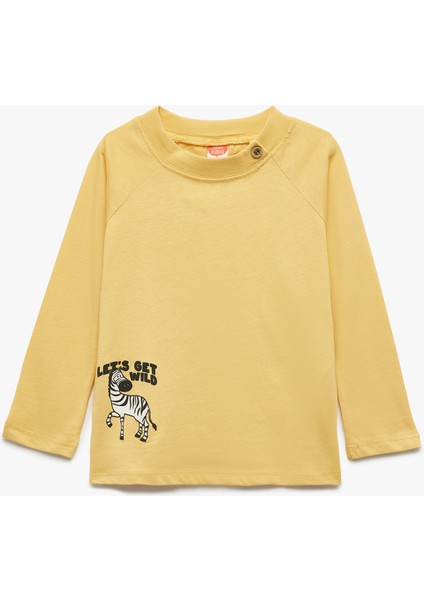 Pamuklu Oversize Uzun Reglan Kol Baskılı Düğmeli Bisiklet Yaka Tişört