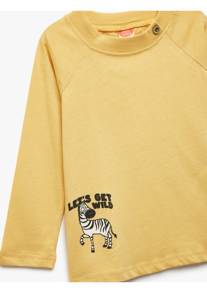 Pamuklu Oversize Uzun Reglan Kol Baskılı Düğmeli Bisiklet Yaka Tişört modelleri