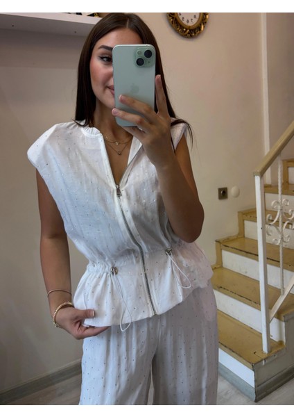 Tensel Kumaş Taşlı Yelek Pantolon Takım modelleri