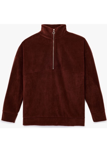 Oversize Uzun Kollu Yarım Fermuarlı Şardonlu Polar Sweatshirt