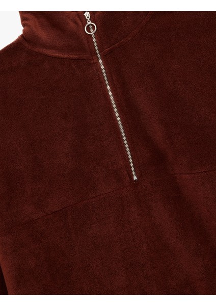 Oversize Uzun Kollu Yarım Fermuarlı Şardonlu Polar Sweatshirt modelleri