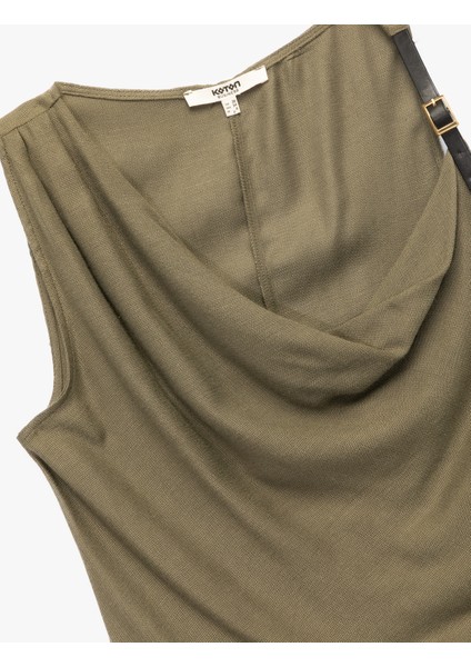 Keten Karışımlı Aksesuar Detaylı Degaje Yaka Kolsuz Bluz