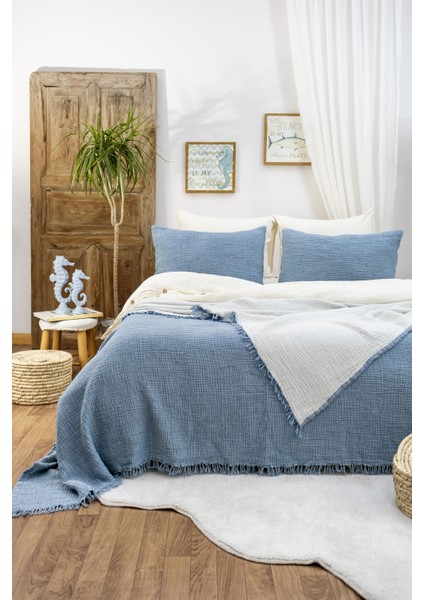 HB&Victory Müslin Tek Kişilik 4 Katlı %100 Pamuk Deniz Mavisi Renk Yatak Örtüsü 160X230 Cm.