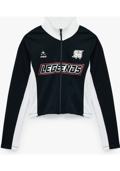 Dik Yaka Baskılı Renk Bloklu Slim Fit Fermuarlı Uzun Kollu Tişört