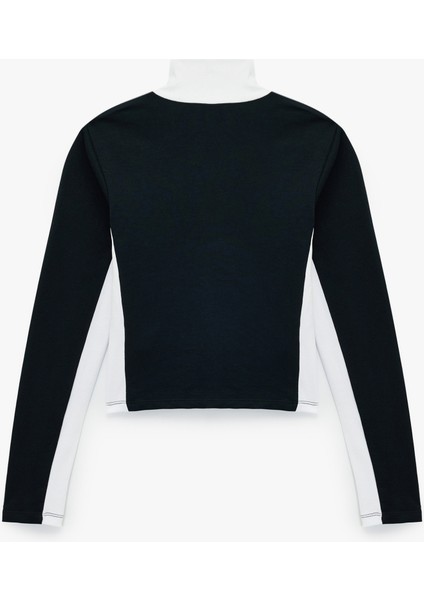 Dik Yaka Baskılı Renk Bloklu Slim Fit Fermuarlı Uzun Kollu Tişört fiyatları