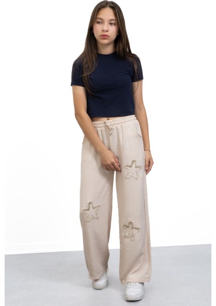 Bej Yıldız Nakışlı Geniş Paça Rahat Kumaş Kız Çocuk Pantolon 21149