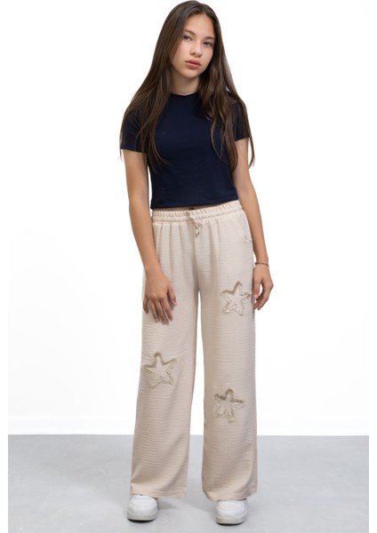 Bej Yıldız Nakışlı Geniş Paça Rahat Kumaş Kız Çocuk Pantolon 21149 indirimleri