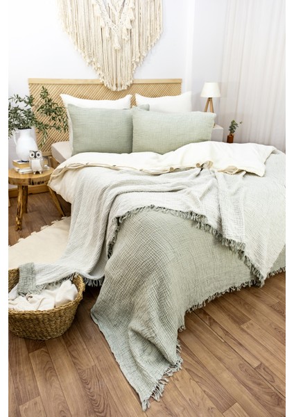 HB&Victory Müslin Tek Kişilik 4 Katlı %100 Pamuk Çağla Yeşili Renk Yatak Örtüsü 160X230 Cm.