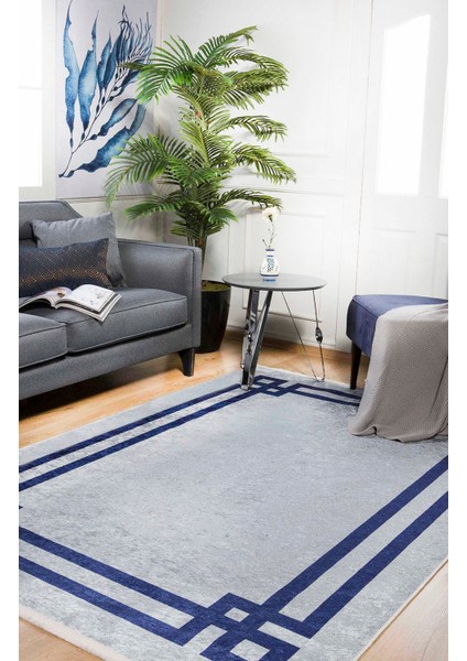 Modern Gri Lacivert Çerçeveli Dijital Baskı Hipoalerjenik Kaymaz Taban Halı Yolluk