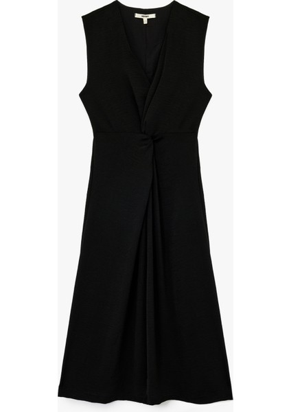 Aerobin Kumaş V Yaka Kolsuz Kruvaze Midi Boy Elbise