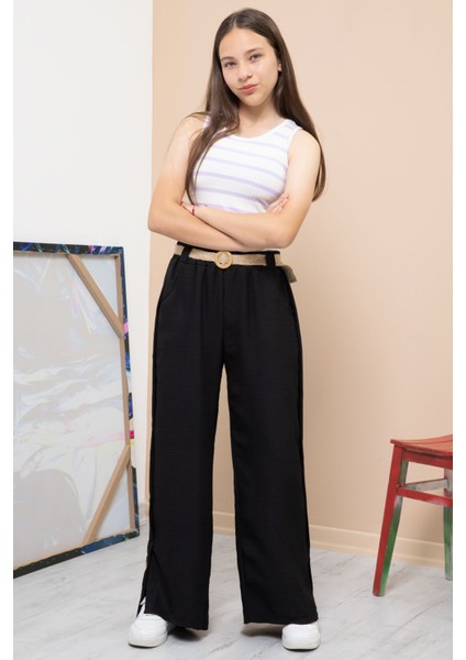 Siyah Düğme Detaylı Geniş Paça Kız Çocuk Kemerli Pantolon 21151