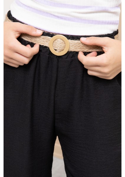 Siyah Düğme Detaylı Geniş Paça Kız Çocuk Kemerli Pantolon 21151 fiyatları