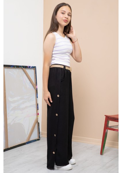 Siyah Düğme Detaylı Geniş Paça Kız Çocuk Kemerli Pantolon 21151 modelleri