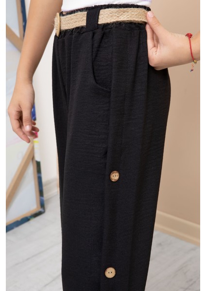 Siyah Düğme Detaylı Geniş Paça Kız Çocuk Kemerli Pantolon 21151 fırsatları