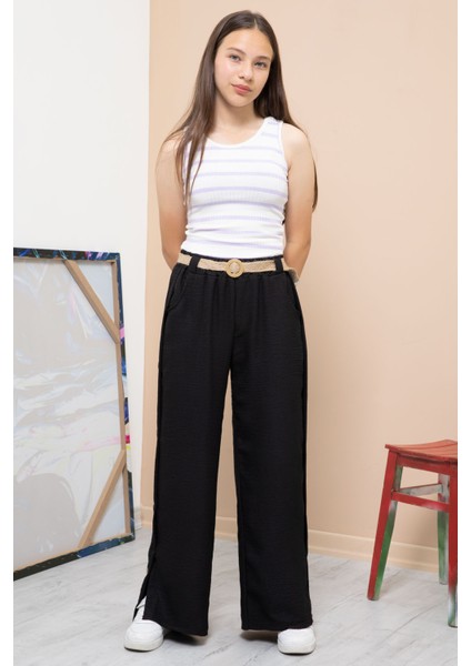 Siyah Düğme Detaylı Geniş Paça Kız Çocuk Kemerli Pantolon 21151 indirimleri