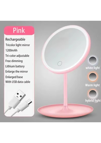 3 Mod LED Işıklı USB Şarjlı Yuvarlak Masa Üstü Makyaj Aynası Makyaj Aynası Dokunmatik