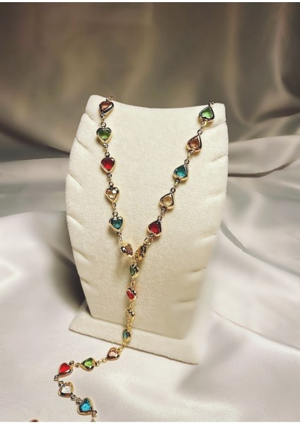 Sıra Renk Kalp Taşlı Uzun Çelik Y Kolye modelleri