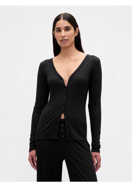 Kadın Siyah Mini Rib Pj Hırka