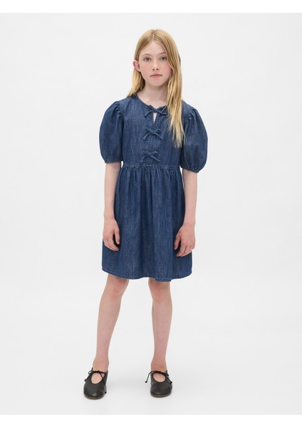 Kız Çocuk Mavi Denim Puff-Sleeve Elbise