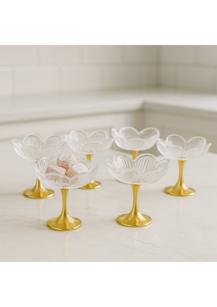 Uzun Metal Gold Ayaklı Lotus Çiçeği Kahve Yanı Cam Lokumluk Drajelik Seti - 6 Adet