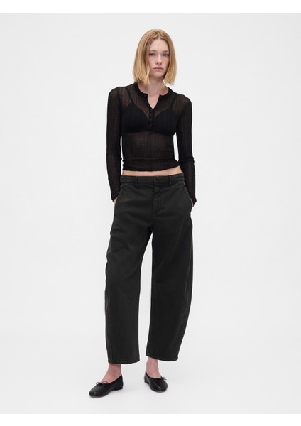 Kadın Siyah Mid Rise Twill Barrel Pantolon