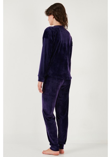 Standart Fit Bisiklet Yaka Yumuşak Kadife Pijama Takımı Bayan Pijama Takımı 6094201