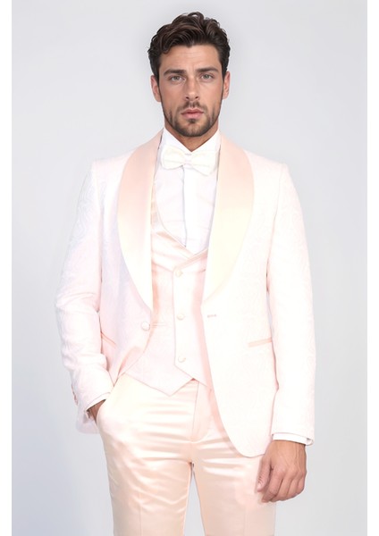 Dalgalı Desenli Şal Yaka Yelekli Toz Pembe Smokin - Wessi