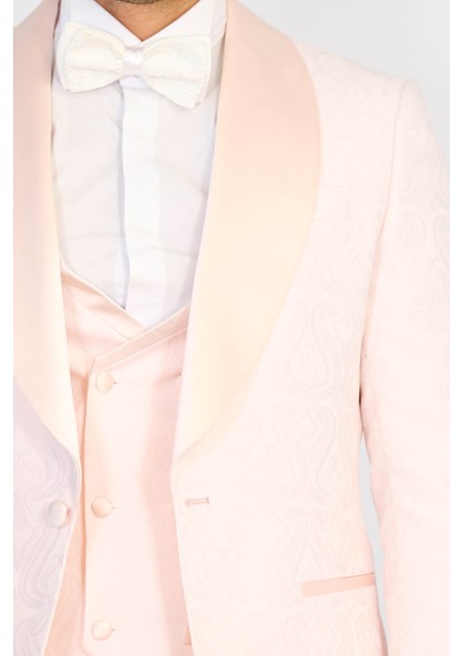 Dalgalı Desenli Şal Yaka Yelekli Toz Pembe Smokin - Wessi fiyatları