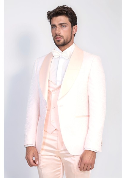 Dalgalı Desenli Şal Yaka Yelekli Toz Pembe Smokin - Wessi modelleri