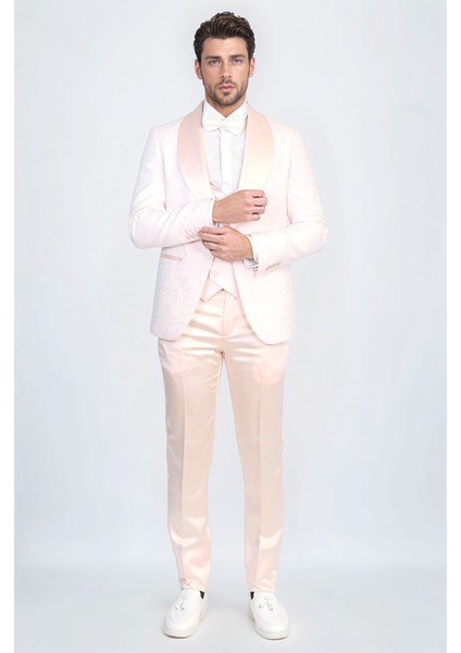 Dalgalı Desenli Şal Yaka Yelekli Toz Pembe Smokin - Wessi fırsatları