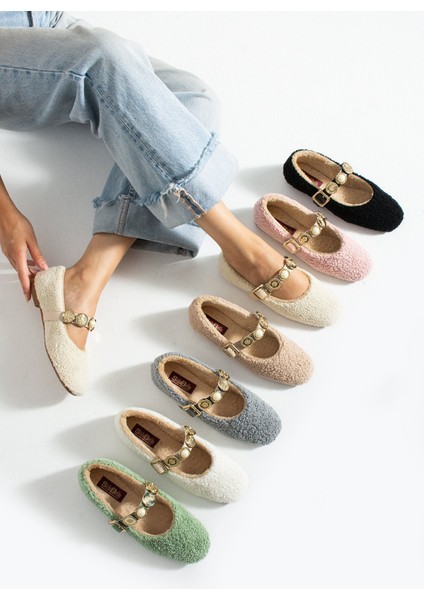 Kadın Peluş Toka Detay Düz Taban Ev Babet fırsatları