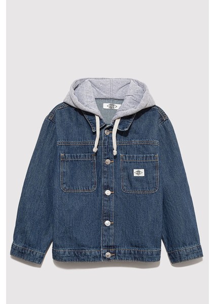 % 100 Pamuk Regular Fit Kapüşonlu Çift Göğüs Cepli Kot Ceket Erkek Çocuk Kot Ceket 6111402