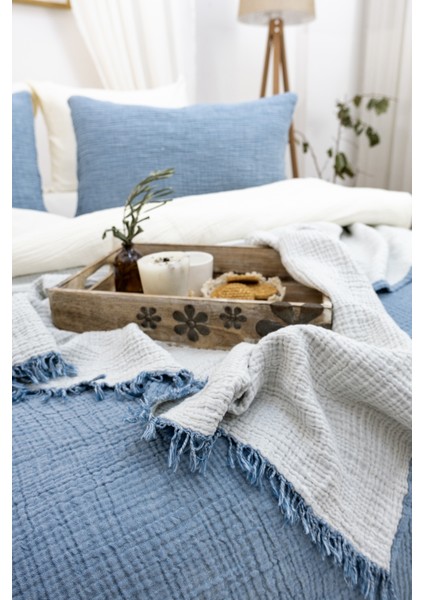 HB&Victory Müslin Yatak Örtüsü %100 Pamuk Deniz Mavisi Renk Çift Kişilik 240X230 Cm.